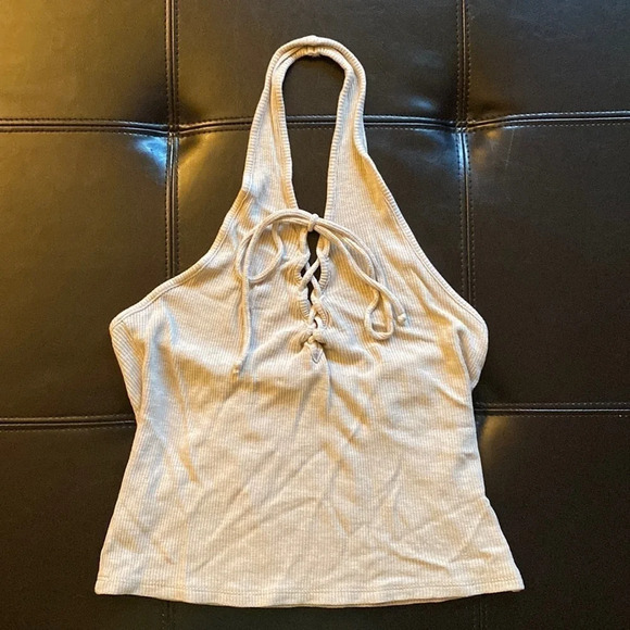 Kendall & Kylie Thermal Halter Neck Lace-Up Tank Oatmeal - Picture 1 of 4